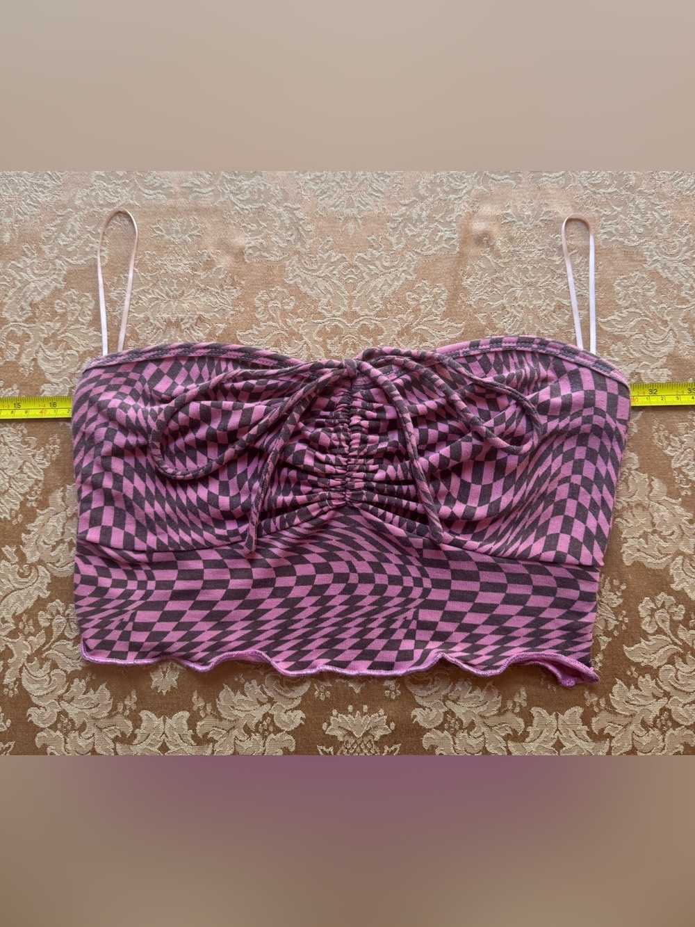 Freeme Pink / Brown Checkered Ruched Crop Tank Top
